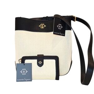 Nanette Lepore Black Leather & Natural Canvas Bucket Bag & Matching Wallet